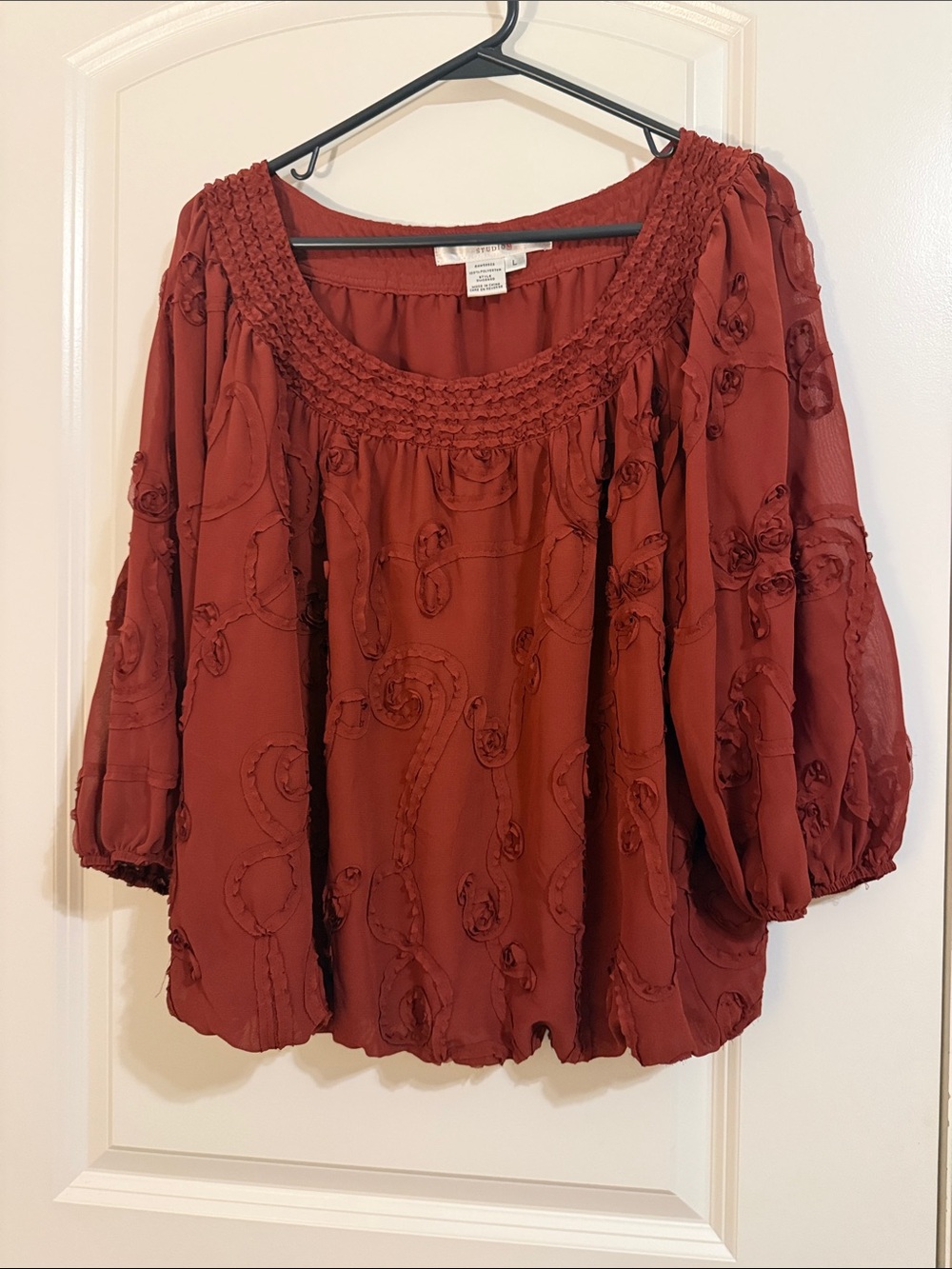Studio M Brick Red Peasant Blouse with Swirl Appliqué